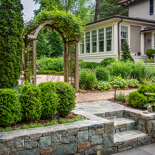 Stone steps rising beside a planted arbour